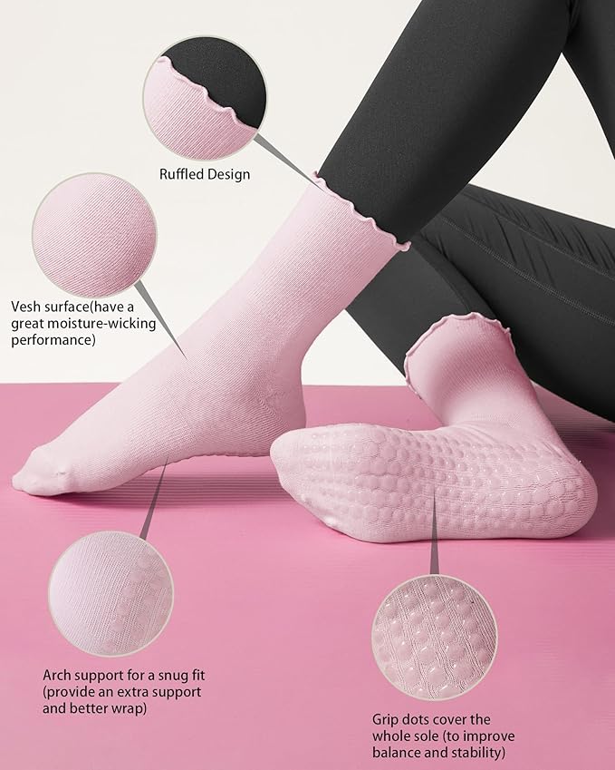 REACH STAR 4 Pairs Pilates Socks with Grips Non Slip Ruffle Yoga Grip Socks for Women