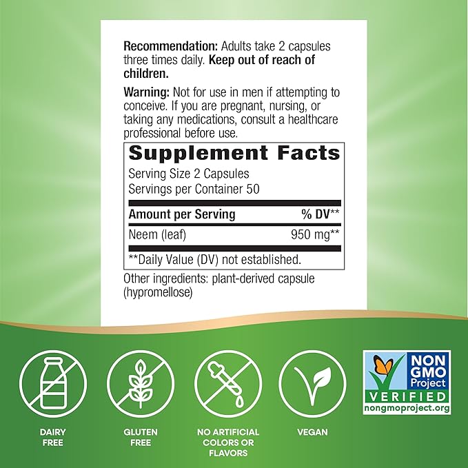 Nature's Way Herbal Neem Leaf, Traditional Intestinal Support*, Used in Ayurveda, 950 mg per 2-Capsule Serving, Non-GMO Project Verified, Vegan, 100 Capsules (Packaging May Vary)