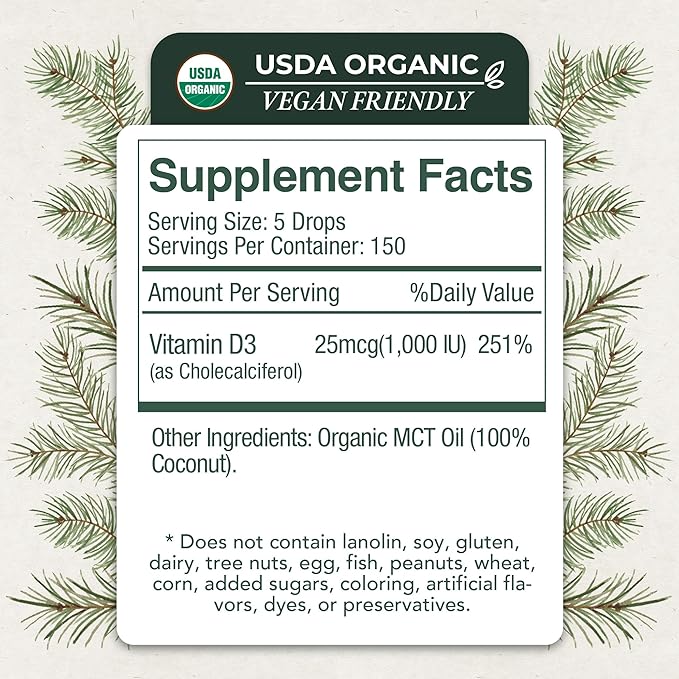 LiveWise Naturals Organic Vitamin D3 Liquid Drops, Vegan, Non-GMO, Plant-Based, 200 IU per Drop, Supports Immune, Bone, and Mood Health, Easy-to-Absorb, in MCT Oil 1,000 IU