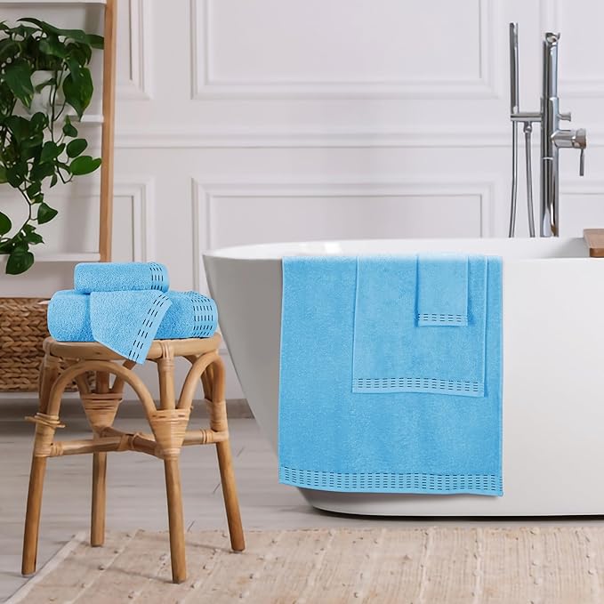 Ultra Soft 6 Pack Cotton Towel Set, Contains 2 Bath Towels 28x55 inch, 2 Hand Towels 16x24 inch & 2 Wash Coths 12x12 inch, Ideal Everyday use, Compact & Lightweight - Sky Blue