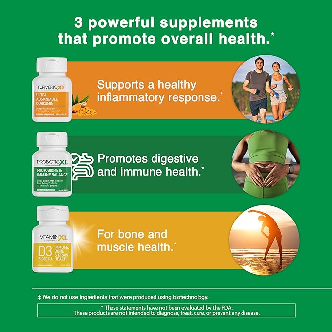 TrioXL - 3 Powerful Supplements That Promote a Strong Immune System, Includes TumericXL, VitaminXL D3 & ProbioticXL, Gluten-Free Immune Booster, 3-30 Count
