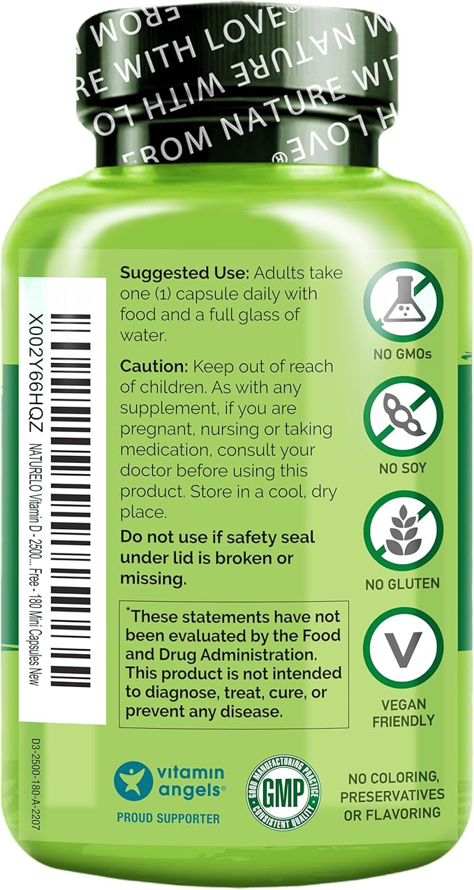 NATURELO Vitamin D - 2500 IU - Plant Based from Lichen - Natural D3 Supplement for Immune System, Bone Support, Joint Health - Vegan - Non-GMO - Gluten Free - 180 Capsules (Pack of 2)