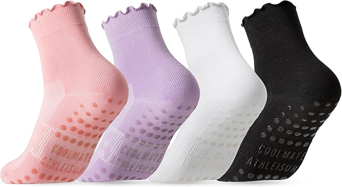 CoolMate 2/3/4 Pairs Pilates Socks with Grips for Women, Cute Yoga Socks, Crew Non Slip Women for Barre, Pilates Gifts