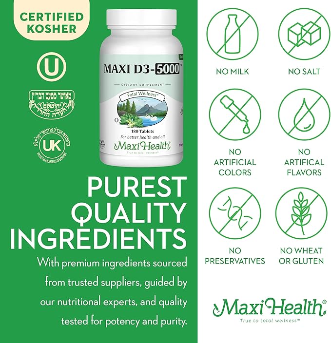 Maxi Health Vitamin D3 5000 IU (125 mcg) - High Dose Vitamin D 5000 IU - Healthy Bones, Teeth, Immune Support - Kosher Pure High Potency Vit D3 (180 Tablets)