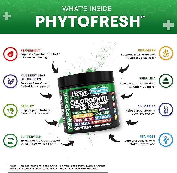 Clean Nutra Chlorophyll Capsules Supplement Internal Deodorant Peppermint, Sea Moss, Parsley, Chlorella, Spirulina, Slippery Elm, Ashwagandha, PhytoFresh Greens Detox Pills