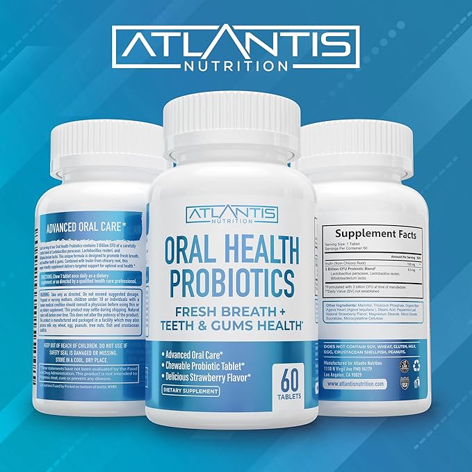 Atlantis Nutrition Oral Probiotics Chewable Tablet - Dental Probiotic for Gum Care & Teeth Care - Bad Breath Treatment for Adults - 3 Billion CFU Probiotic Blend - Strawberry Flavor - 60 Tablets