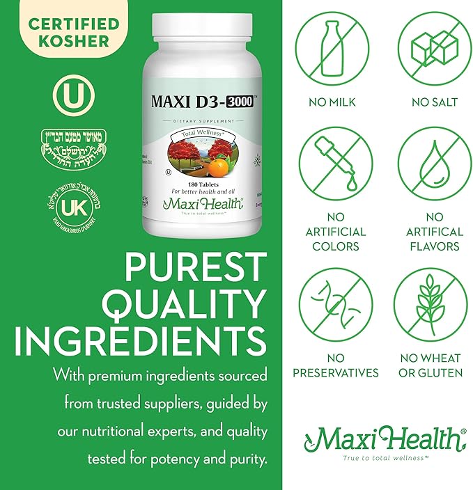 Maxi Health Vitamin D3 3000 IU 75 mcg Vitamin D Supplement for Healthy Bones, Teeth, Immune Support - VIT D3 Supplement Easy to Swallow Non-GMO, Supplement for Men and Women – Kosher (180 Tablets)
