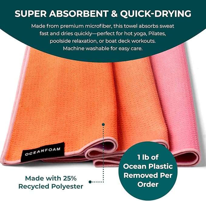 Oceanfoam Beach Towel – Lightweight, Absorbent, Quick-Drying, Sand-Resistant, Non-Slip – Ideal for Workouts, Yoga, Pilates, Beach, Pool, Boat & Travel – 25% Recycled – 72"x24" (Sunset)