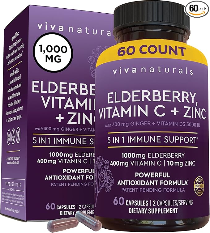 Viva Naturals Black Elderberry with Vitamin C and Zinc for Adults (60 Count) - Sambucus Elderberry Immune Support Supplement, Black Elderberry Capsules for Adults, Elderberry Supplements for Women
