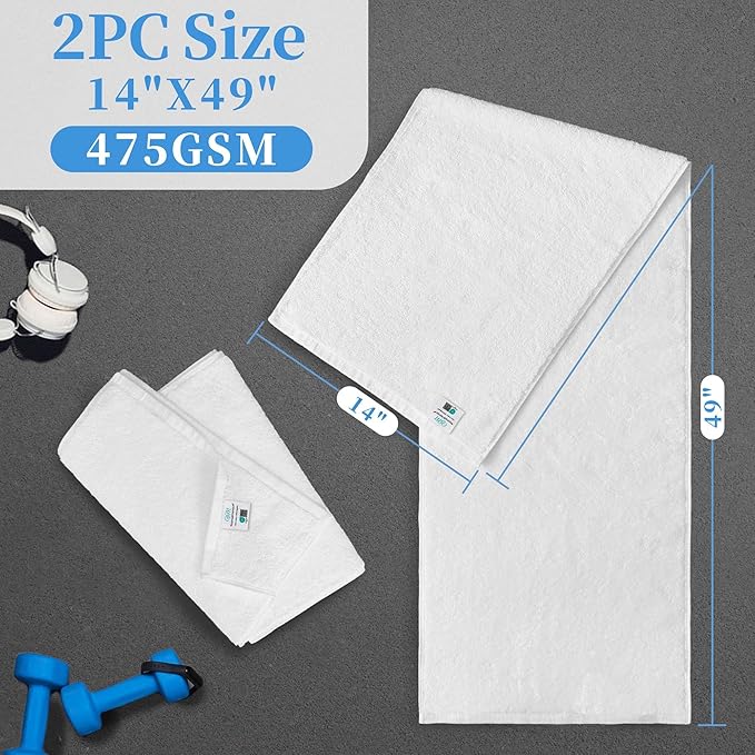 Sweat Towel for Men & Women, Sports Hand Towel for Yoga, Shower, Tennis, Running, Exercise & Fitness - 100% Cotton, Breathable, Soft & Absorb, Workout Towels for Gym (2PC, 14"x48") , White