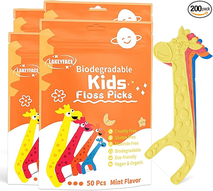 200 Count Biodegradable Kids Flossers, Eco-Friendly Plant-Based Floss Picks, No Fluoride BPA Free Cute Giraffe Dental Picks, No Plastics, Vegan Natural Floss, Mild Mint