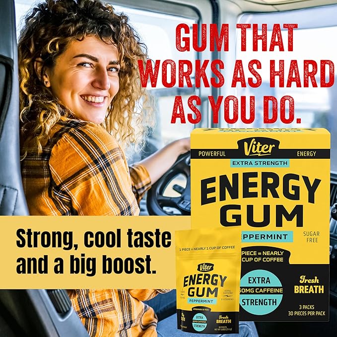 Viter Energy 60mg Caffeine Gum (Peppermint Flavor, 30 Pieces, 3 Pack) - Sugar Free, Vitamin B3, B6, B9, B12, Zero Calories, Caffeinated Energy Chews, Nootropic Focus Supplement for Men & Women