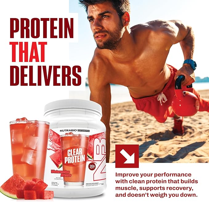 NutraBio Clear Protein Powder, Watermelon Breeze - 20 Servings, 20g Clear Whey Protein Isolate, 0 Sugar, 0g Lactose, Refreshing Fruit Flavors, GLP1 Support -Bone Health - Muscle Post Workout Recovery