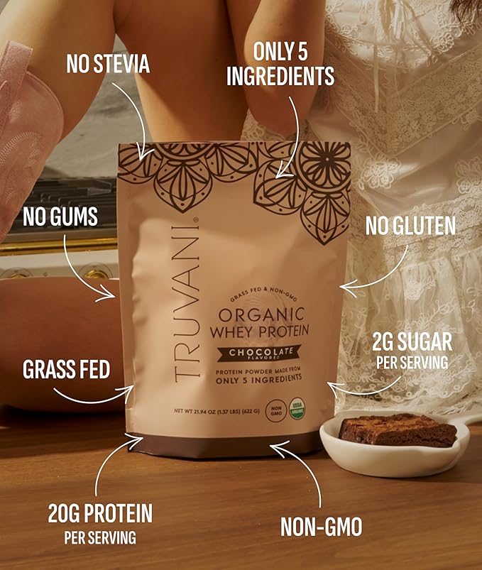 Truvani Organic Whey Protein Powder | Chocolate | 20g Grass Fed Whey Protein | 20 Servings | USDA Organic & Non-GMO | Gluten Free | No Gums, No Soy, No Stevia, No Added Sugars