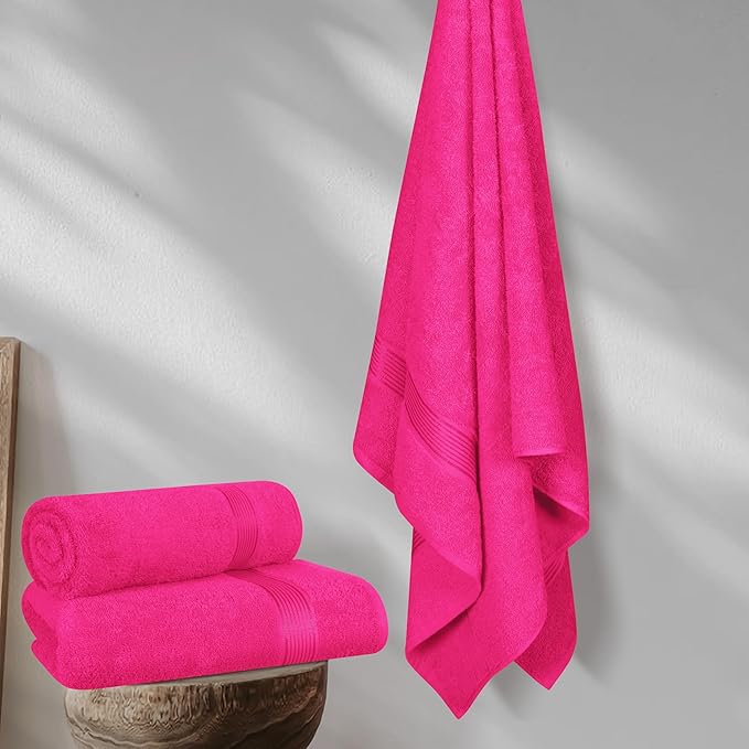 BELZZI Home Ultra Soft 4 Pack Oversized Bath Towel Set 27x54, Cotton Compact Bath Towels, Highly Absorbant Eco-Friendly Quickdry & Lightweight Towel, Ideal for Gym Travel Camp Pool - Hot Pink