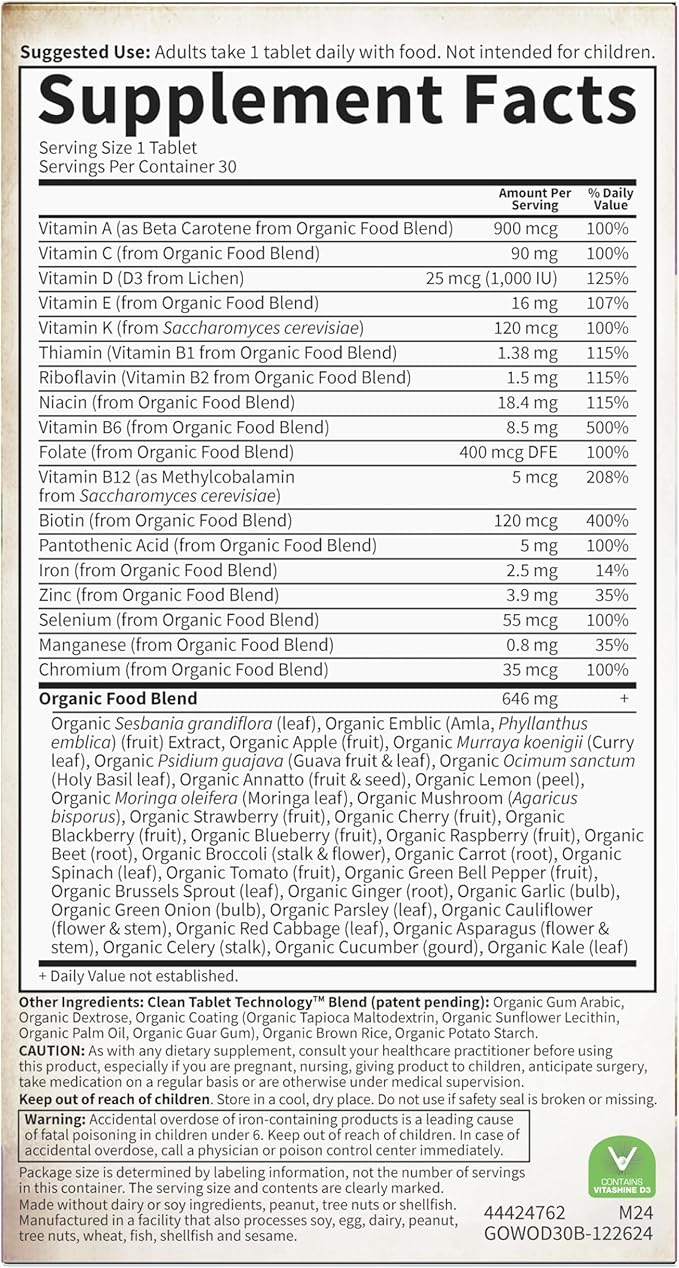 Garden of Life Organics Multivitamin for Women - Women's Once Daily Multi - Whole Food Multi with Iron, Biotin, Vegan Organic Womens Multivitamin for Health, Energy Hair Skin and Nails, 30 Tablets