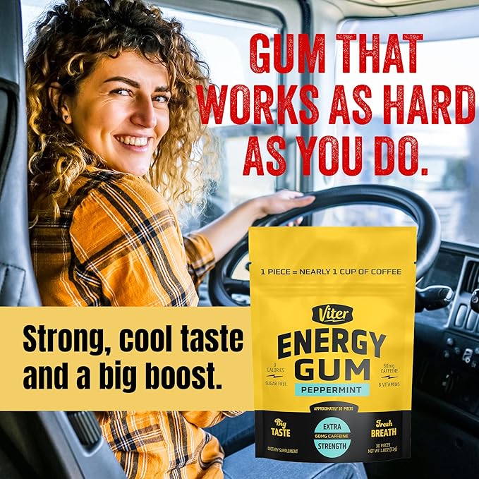 Viter Energy 60mg Caffeine Gum (Peppermint Flavor, 30 Pieces) - Sugar Free, Vitamin B3, B6, B9, B12, Zero Calories, Caffeinated Energy Chews, Nootropic Focus Supplement for Men & Women