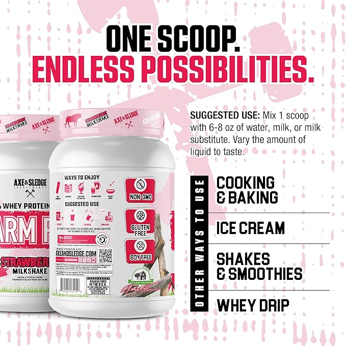 Axe & Sledge Farm Fed 100% Whey Protein Isolate | 25g Protein | Low Carb, Low Sugar, Gluten Free | Protein Powder for Men and Women | Keto | Made in The USA | 28 Servings, Strawberry Milkshake