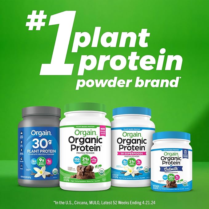 Orgain Organic 30g Vegan Plant Protein Powder, Vanilla, 9g EAAs + BCAAs, High Plant Protein, 4g Prebiotic + Fiber, 1g Sugar, Pre-Workout, Muscle Support + Recovery - 2.01lb (Packaging May Vary)