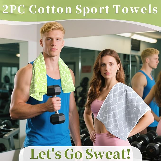 Workout Towels for Gym (2PC, 14"x31") - 100% Cotton, Breathable, Soft & Absorb - Sweat Towel for Men & Women, Sports Towel for Yoga, Tennis, Running, Exercise & Fitness, Green Damask+Gray Checkered