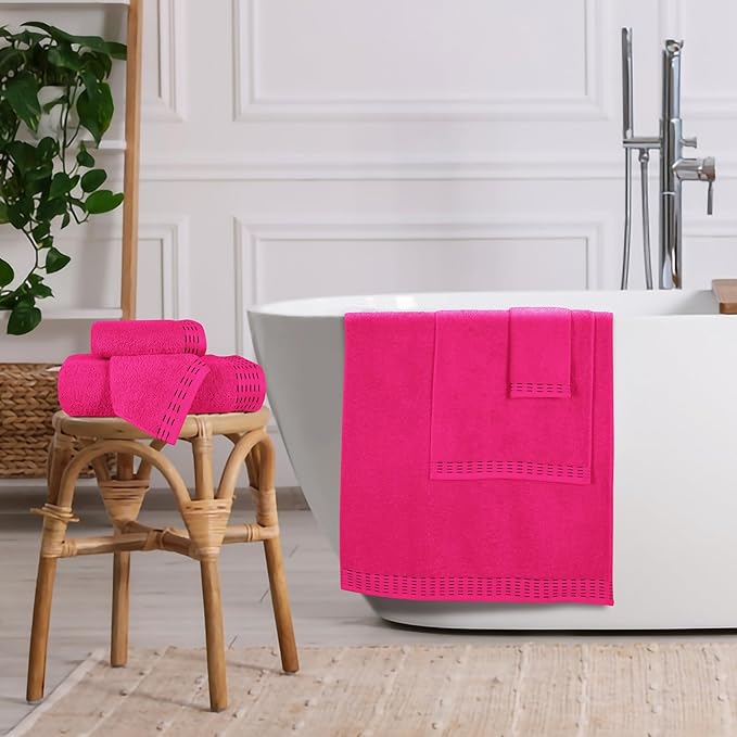 Ultra Soft 6 Pack Cotton Towel Set, Contains 2 Bath Towels 28x55 inch, 2 Hand Towels 16x24 inch & 2 Wash Coths 12x12 inch, Ideal Everyday use, Compact & Lightweight - Hot Pink