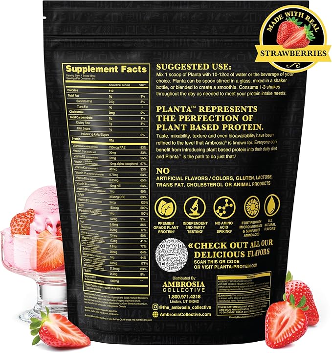 Ambrosia Planta - Premium Plant-Based Protein | Vegan & Keto Friendly | Gourmet Flavors with No Bloating or Stomach Upset | No Added Sugar | 14 Servings | (Strawberry Ice Cream)
