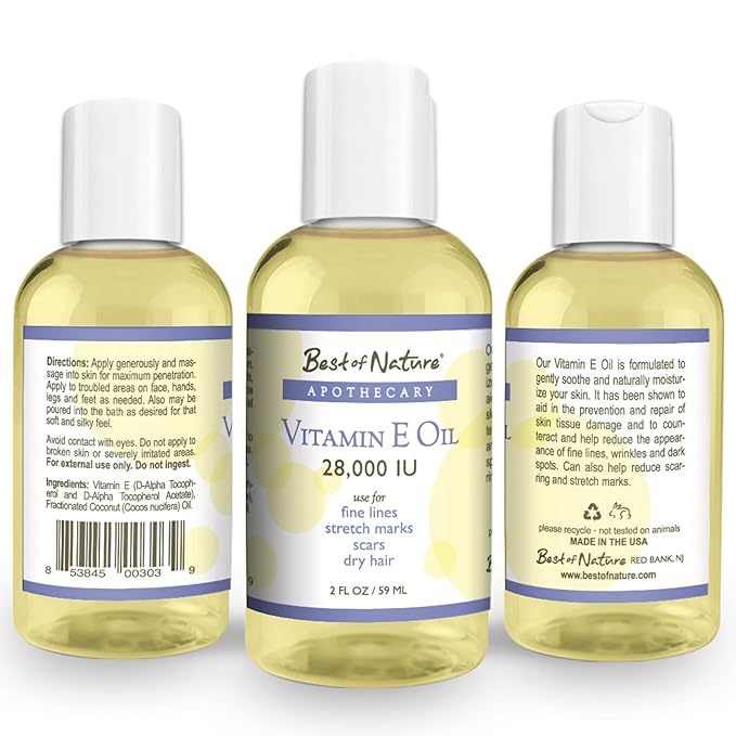 Best of Nature Vitamin E Oil 28,000 IU, Unscented Moisturizer with Fractioned Coconut - Damage Repair Formula for Hair, Skin, Face, & Hands
