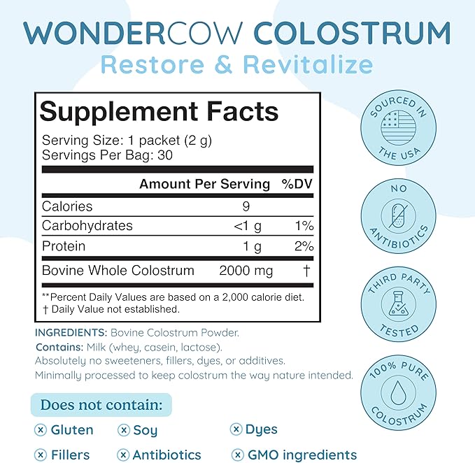WONDERCOW Colostrum Supplement Powder for Gut Health, Immune Support, Muscle Recovery & Wellness | Natural IgG Pure Whole Bovine Colostrum Superfood, Unflavored, 30 Servings