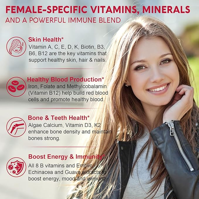 Methylated Multivitamin for Women Gummies, Calcium, D3 K2, Methylfolate & B12, Inositol, Daily Vitamin A, C, E, B Complex, Biotin, Iron - Energy, Immune, Bone, Skin, Hair - Vegan, Sugar Free, 60 Count