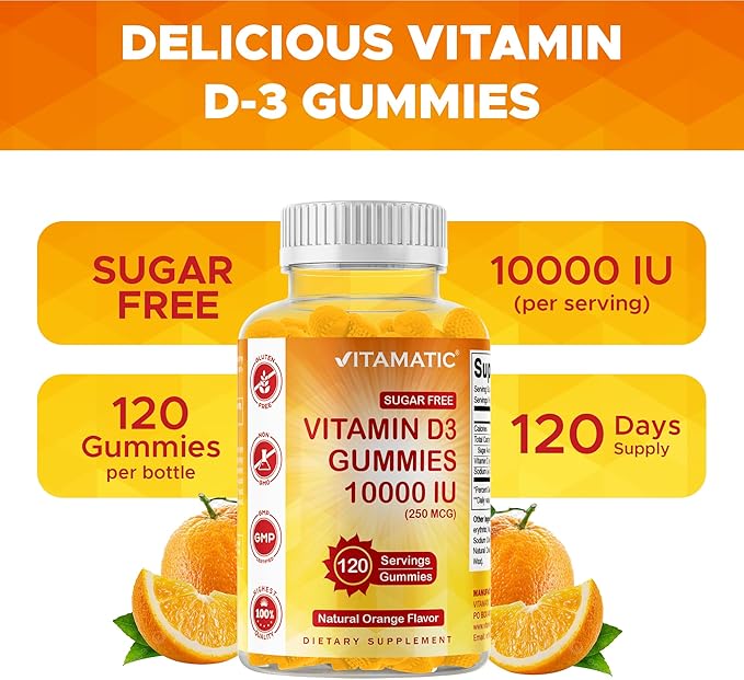 Vitamatic Sugar Free Vitamin D3 10000 IU - 120 Pectin Based Gummies - Great Taste - Healthy Bones, Mood & Immune System Function - Non-GMO - 120 Servings