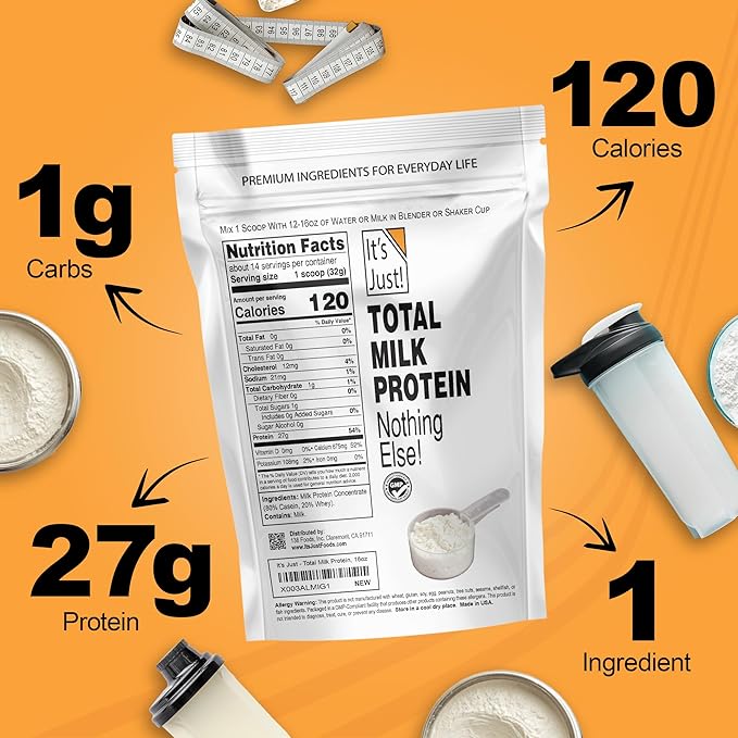 It's Just! - Total Milk Protein Concentrate Powder (Contains: 80% Casein / 20% Whey), Heavy Metal Tested, No Added Flavors, Non-GMO, Gluten Free (2.5 Pound, Unflavored)