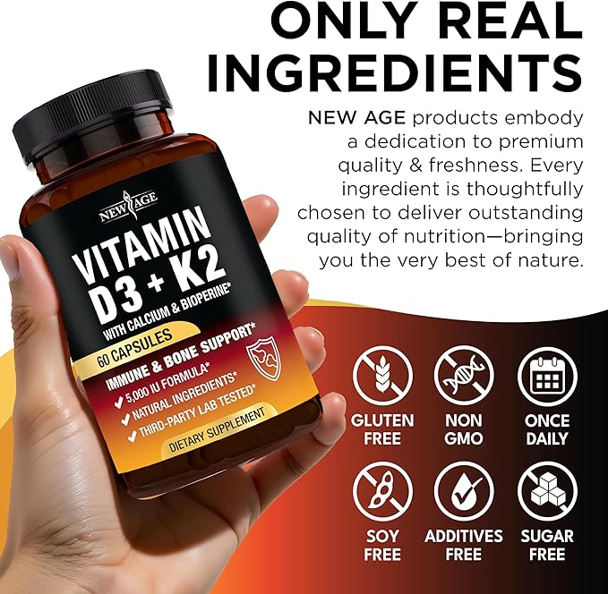 Vitamin D3 5,000 IU + K2 MK-7 100 mcg - 2-in-1 Bone, Immune & Heart Support, Easy to Swallow, Non-GMO - 180 Capsules