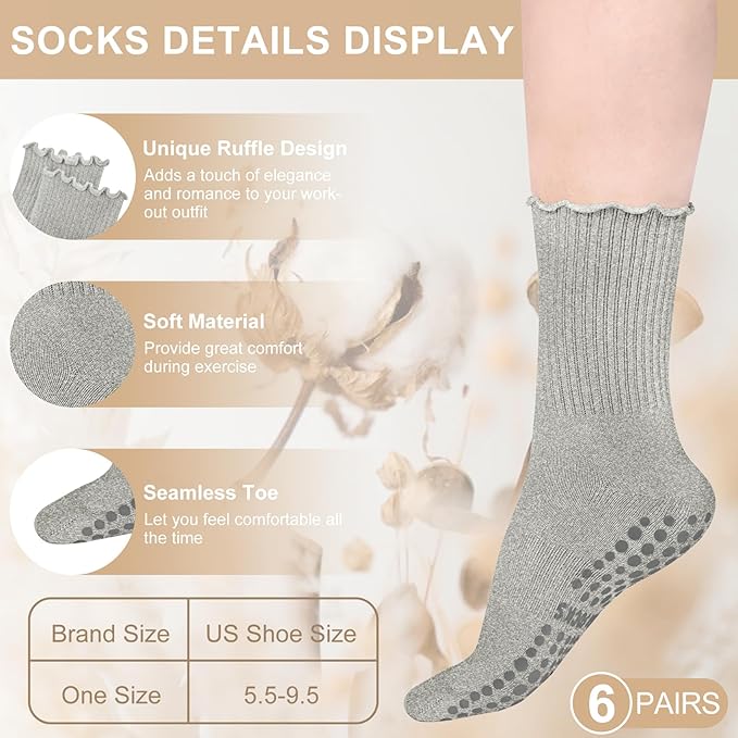 Justay 6 Pairs Womens Pilates Socks with Grips Crew Non Slip Ruffle Cotton for Athletic Workout Barre Hospital Yoga Socks