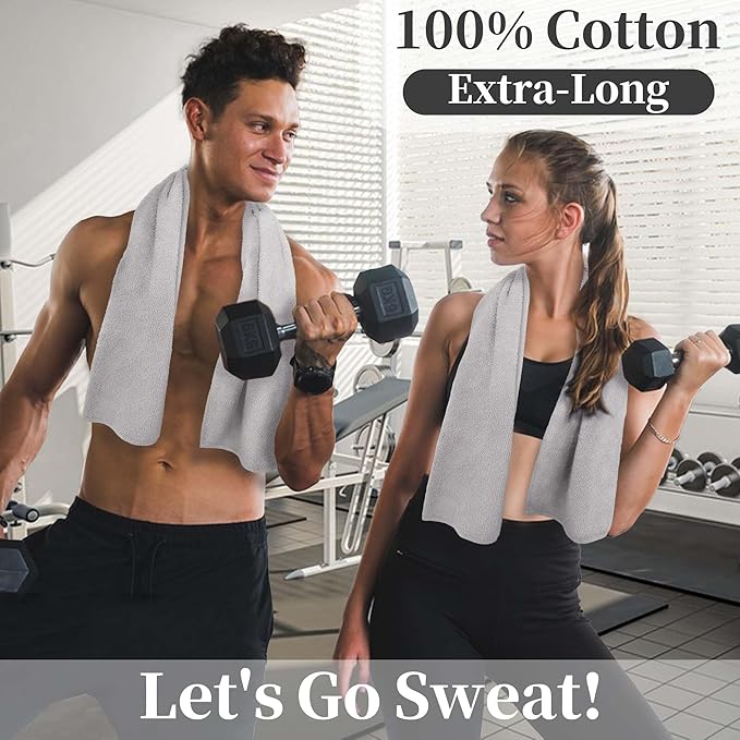 Gray Workout Towels for Gym (2PC, 13"x43") - 100% Cotton, Breathable, Soft & Absorb - Sweat Towel for Men & Women, Sports Hand Towel for Yoga, Shower, Tennis, Running, Exercise & Fitness