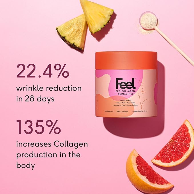 FEEL, Pro Collagen Pineapple Grapefruit Flavor, Vegan Type I Collagen, Clinically Proven to Reduce Wrinkles by 22.4% in 28 Days