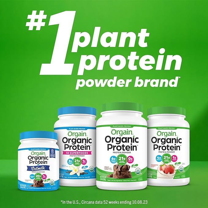 Orgain Organic Vegan Protein Powder, Strawberries & Cream - 21g of Plant Based Protein, Low Net Carbs, Gluten/ Lactose Free, No Sugar Added, Soy Free, Non-GMO, 2.03 Lb