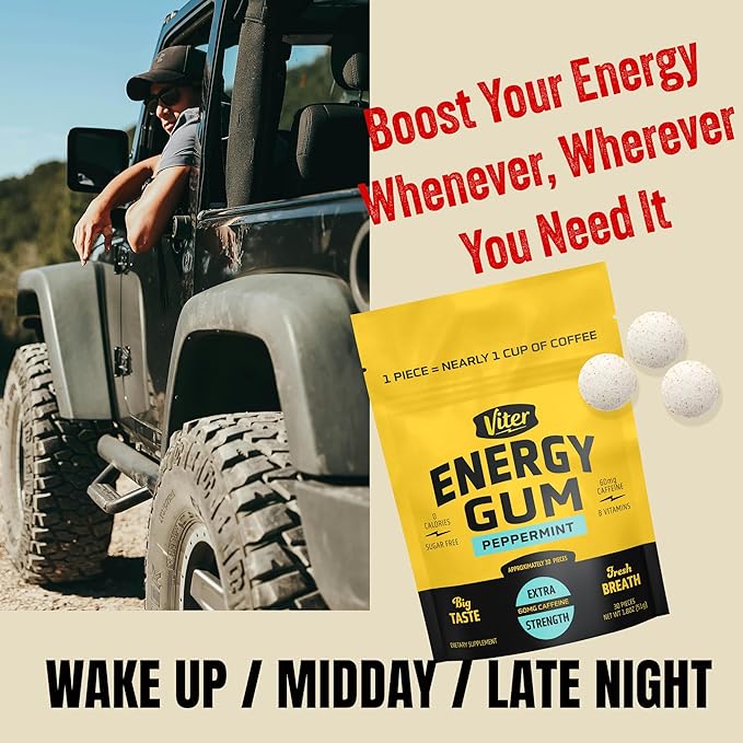 Viter Energy 60mg Caffeine Gum (Peppermint Flavor, 30 Pieces) - Sugar Free, Vitamin B3, B6, B9, B12, Zero Calories, Caffeinated Energy Chews, Nootropic Focus Supplement for Men & Women
