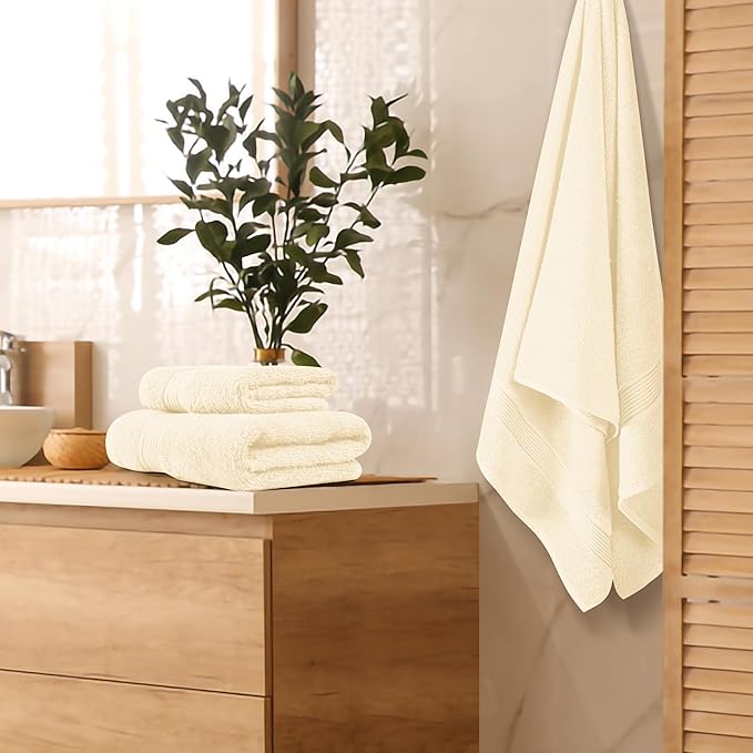 Belizzi Home Ultra Soft 3 Pack Cotton Towel Set, Contains a Bath Towel 28x55 inch, a Hand Towel 16x24 inch & a Wash Coth 12x12 inch, Ideal Everyday use, Compact & Lightweight - Ivory
