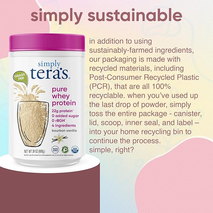simply tera's Pure Whey Protein Powder - Vanilla Whey Protein Powder, Clean & Grass Fed Protein Powder, No Artificial Sweeteners, Non-GMO, Kosher, rBGH-Free, Soy-Free - Bourbon Vanilla, 24 oz