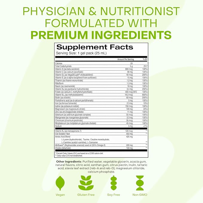 Healthycell Vegan Daily Multivitamin Liquid Supplement with Iron and Omega-3, 25+ Essential Vitamins, Minerals & Nutrients for Brain & Heart Health, Immune Support & Energy - 30 Gel Packs