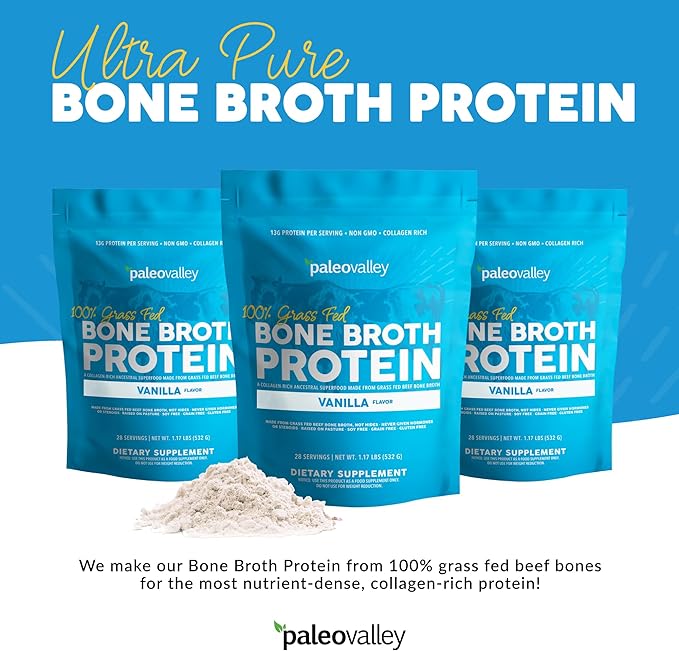 Paleovalley 100% Grass Fed Beef Bone Broth Protein Powder - Rich in Collagen Peptides for Hair, Skin, Gut Health, Bone and Joint Support - 15g Protein Per Serving - No Gluten or GMOs - Vanilla