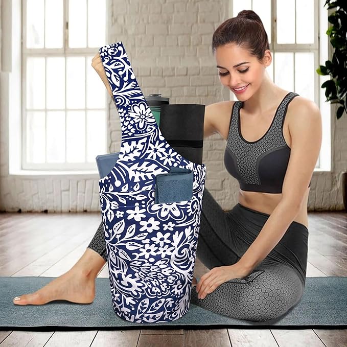 Yoga Mat Bag Carrier for Women with Side Large Pocket Durable Linen Workout Gym Travel Storage Pilates Mats