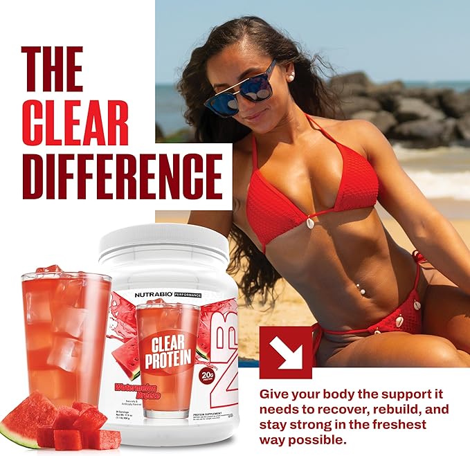 NutraBio Clear Protein Powder, Watermelon Breeze - 20 Servings, 20g Clear Whey Protein Isolate, 0 Sugar, 0g Lactose, Refreshing Fruit Flavors, GLP1 Support -Bone Health - Muscle Post Workout Recovery