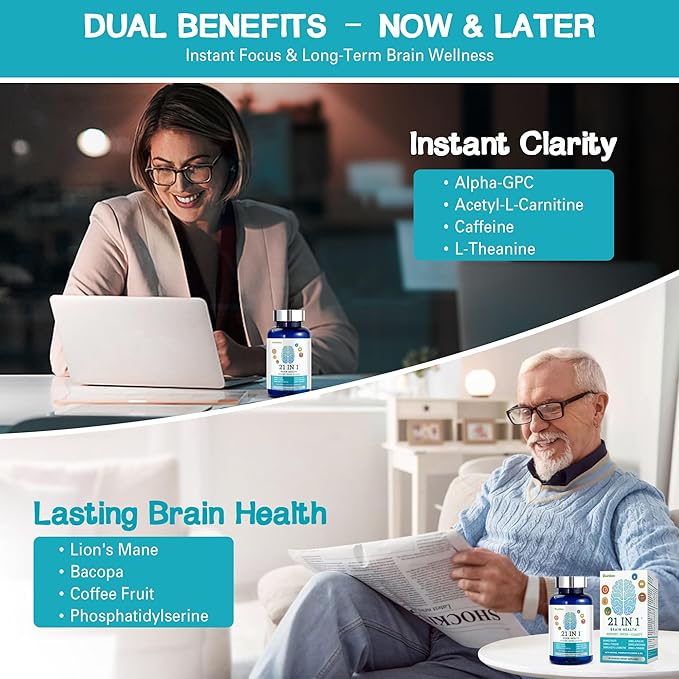 Brain Supplements for Memory and Focus, 21-in-1 Brain Supplement for Mental Alertness, Cognitive with 300mg Alpha-GPC, 300mg Lion’s Mane, L-Theanine, Phosphatidylserine, Vitamins B6 B12, 90 Capsules