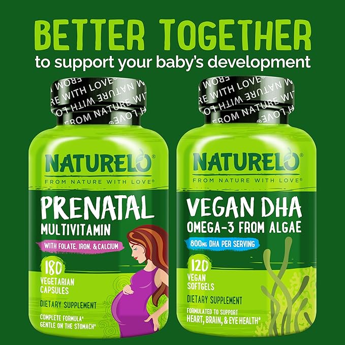 NATURELO Prenatal Multivitamin with Gentle Chelated Iron, Methyl Folate, Plant Calcium & Choline - Vegan, Vegetarian - Non-GMO - Gluten Free - 180 Capsules - 4 Month Supply (Pack of 2)