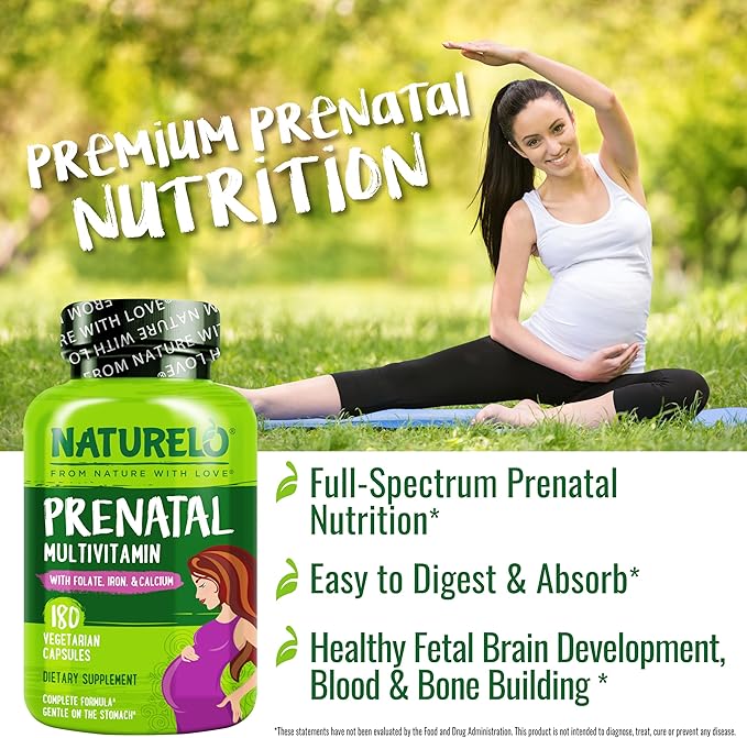 NATURELO Prenatal Multivitamin with Gentle Chelated Iron, Methyl Folate, Plant Calcium & Choline - Vegan, Vegetarian - Non-GMO - Gluten Free - 180 Capsules - 4 Month Supply (Pack of 2)