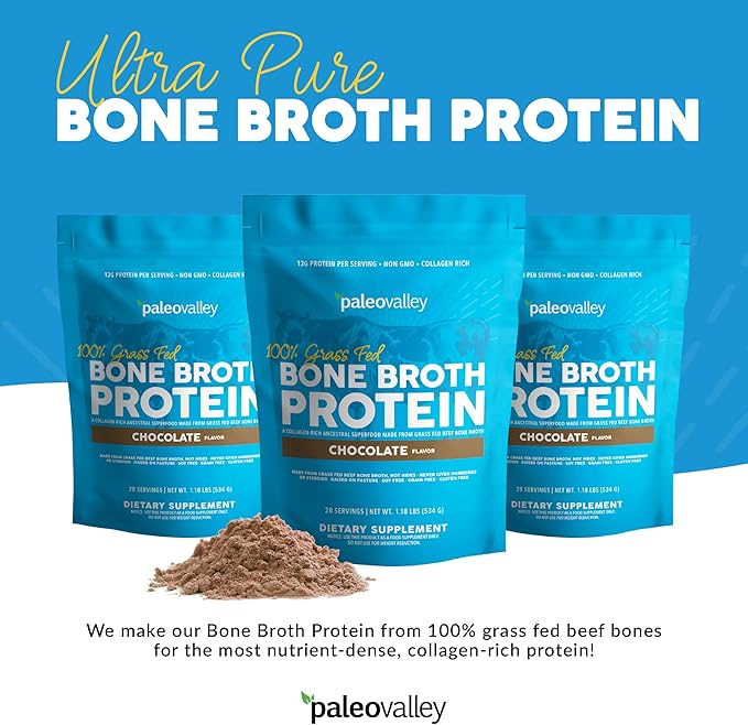 Paleovalley 100% Grass Fed Beef Bone Broth Protein Powder - Rich in Collagen Peptides for Hair, Skin, Gut Health, Bone and Joint Support - 15g Protein Per Serving - No Gluten or GMOs - Chocolate