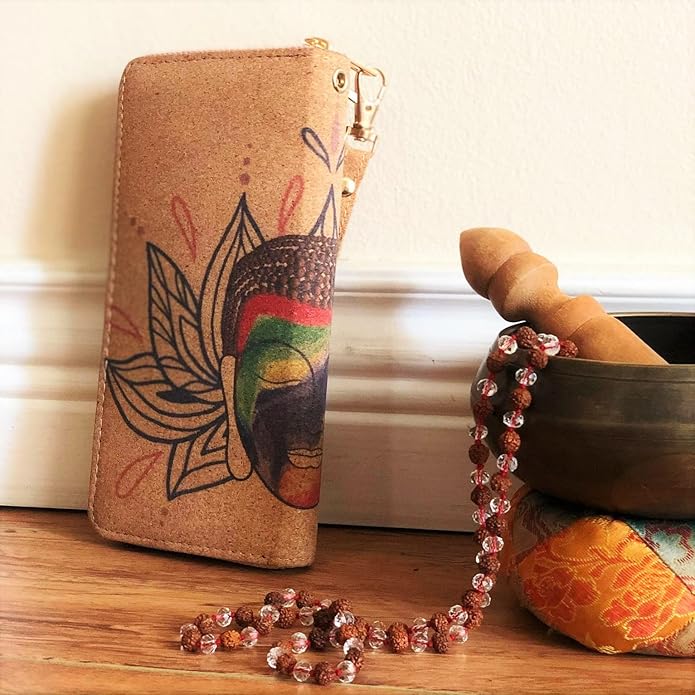 Buddha Cork Vegan Wristlet Wallet - credit card, business cards, coins & bills Room for Cellphone