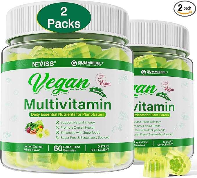 NEVISS (2 Pack) Vegan Multivitamin for Women & Men with Methyl B12, D3 K2, Plant Based Omega 3, Iron, Choline, Zinc, Whole Food Daily Vitamins Gummies for Vegans & Vegetarians, Sugar Free