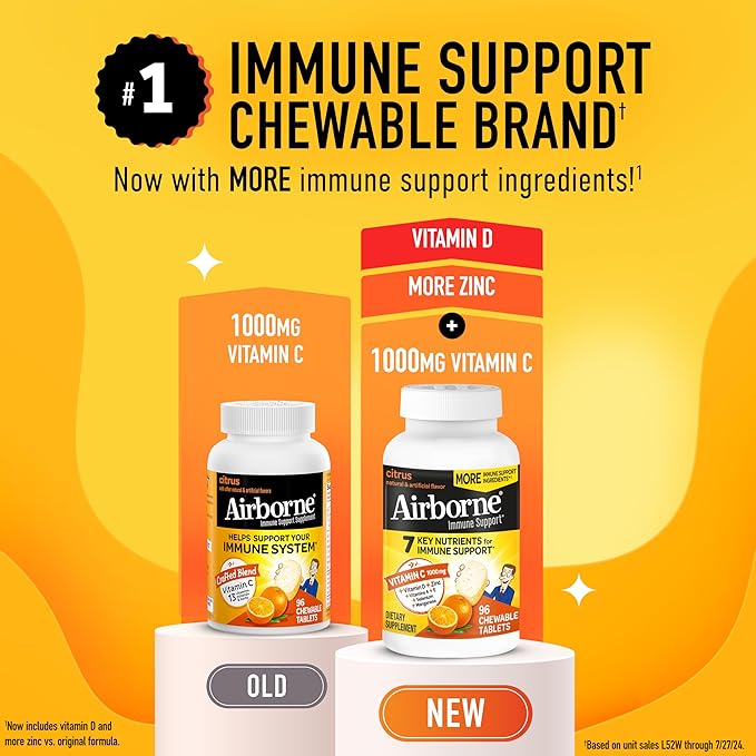 Airborne Vitamin C 1000mg (per Serving) - Citrus Chewable Tablets (96 Count in a Box) - Packaging May Vary